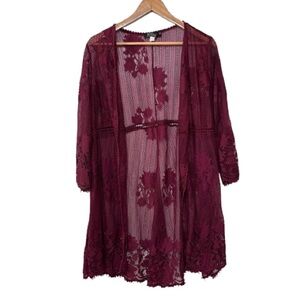 Miss Cheivous Maroon Full Lace Open Front Cardigan Size M